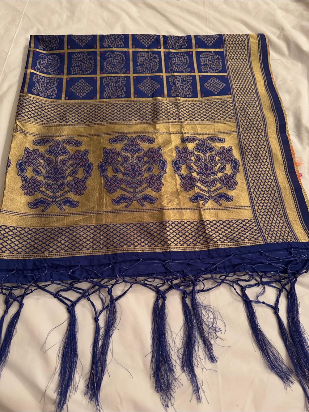 NWT Royal Blue Silk Bandhani Dupatta Scarf with Gold Zari Border & Tassels